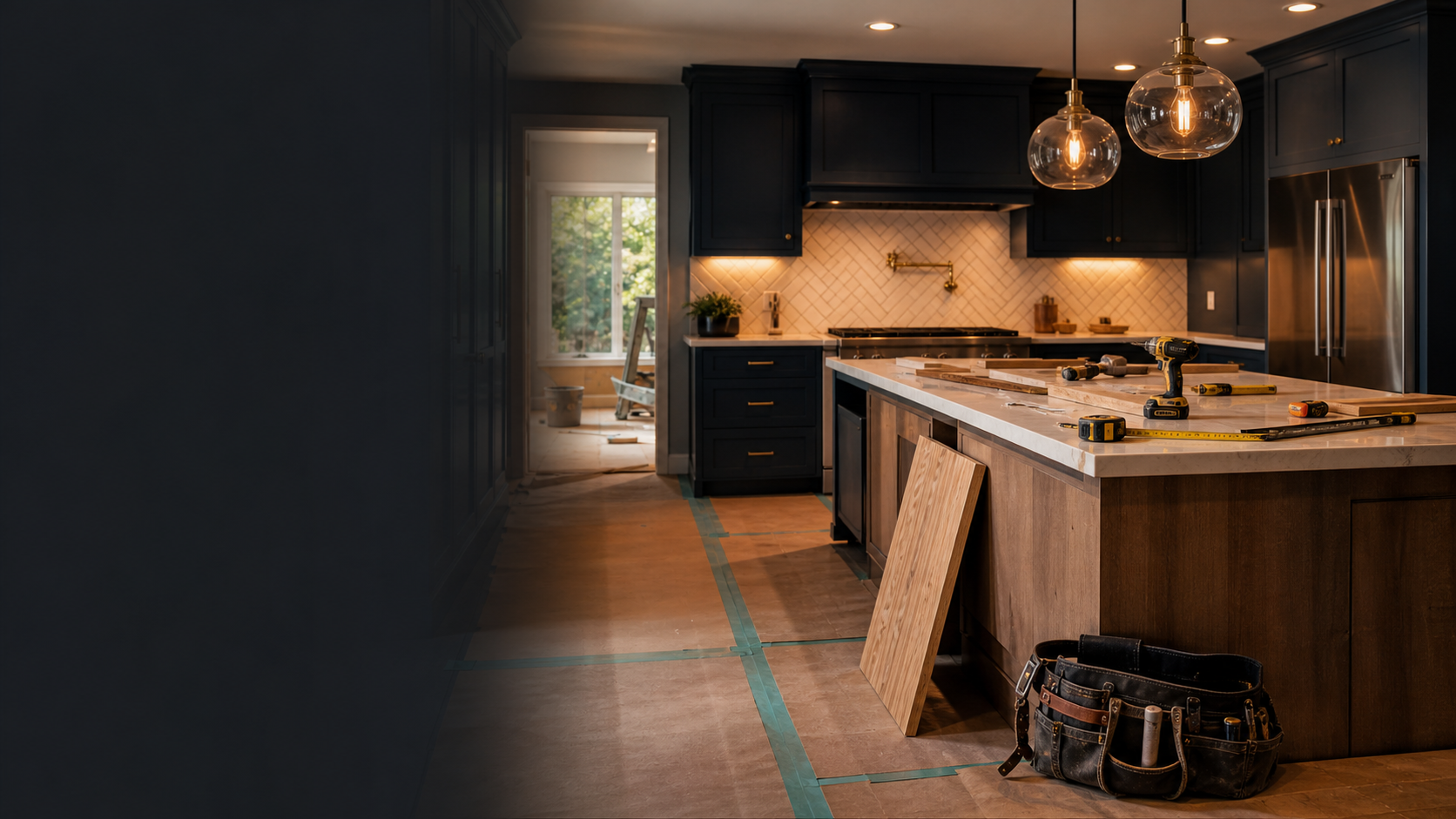 Renovated kitchen with tools staged for contractor site demo